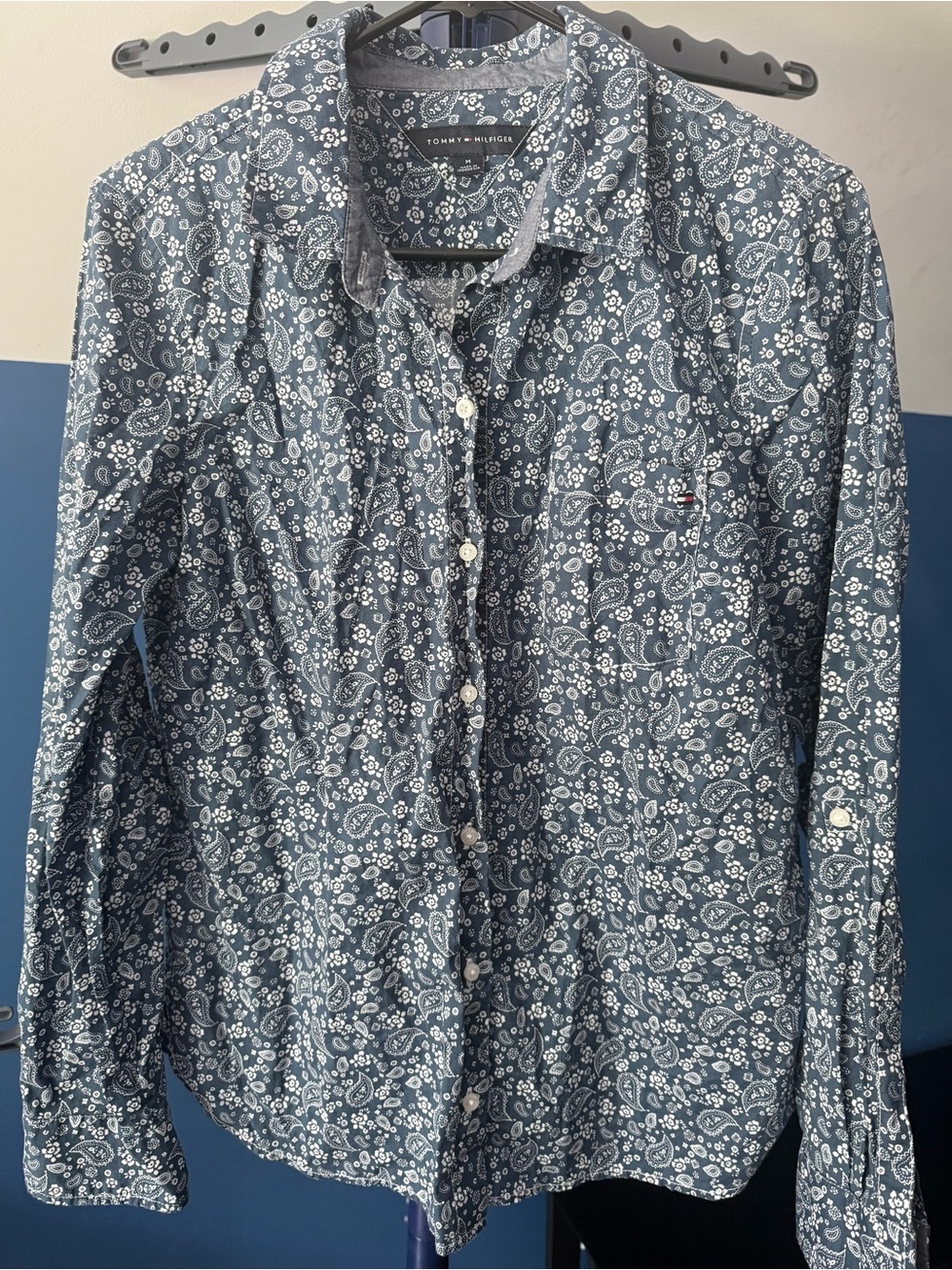 Tommy Hilfiger Blue Paisley-Print Long Sleeve Button-Down Shirt